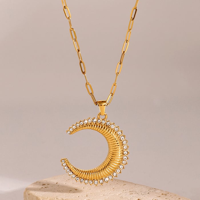 1 Piece Simple Series Punk Moon Stainless Steel  Gold Color Rhinestone Women's Pendant Necklaces 